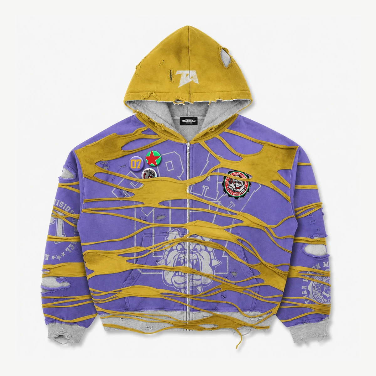 Distressed Zip Hoodie — Purple / Gold